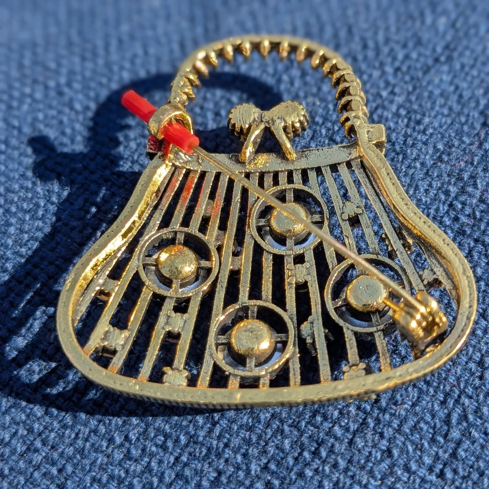 Vintage Gold Tone Retro Handbag Brooch